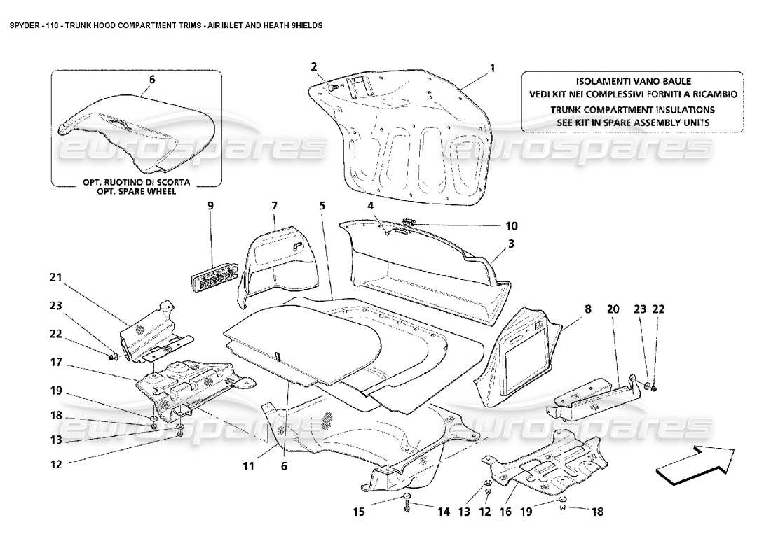 Maserati 4200 Spyder (2002) trunk hood compartment trims - air inlet and heath shields Part Diagram