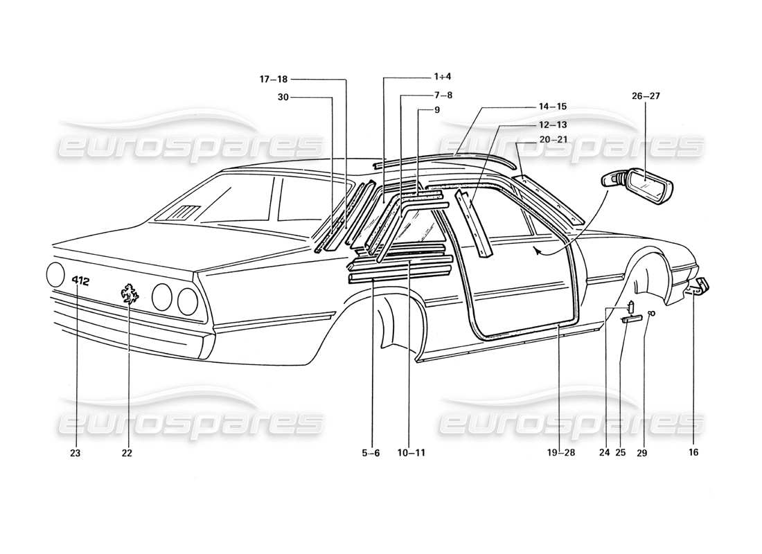 Ferrari 412 (Coachwork) External Finishing trims & Badges Part Diagram