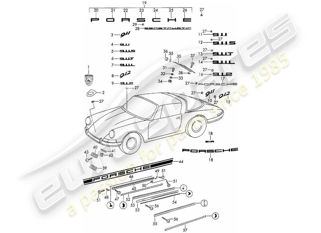 Porsche 911/912 (1965) DECORATIVE FITTINGS - D >> - MJ 1968 Part Diagram