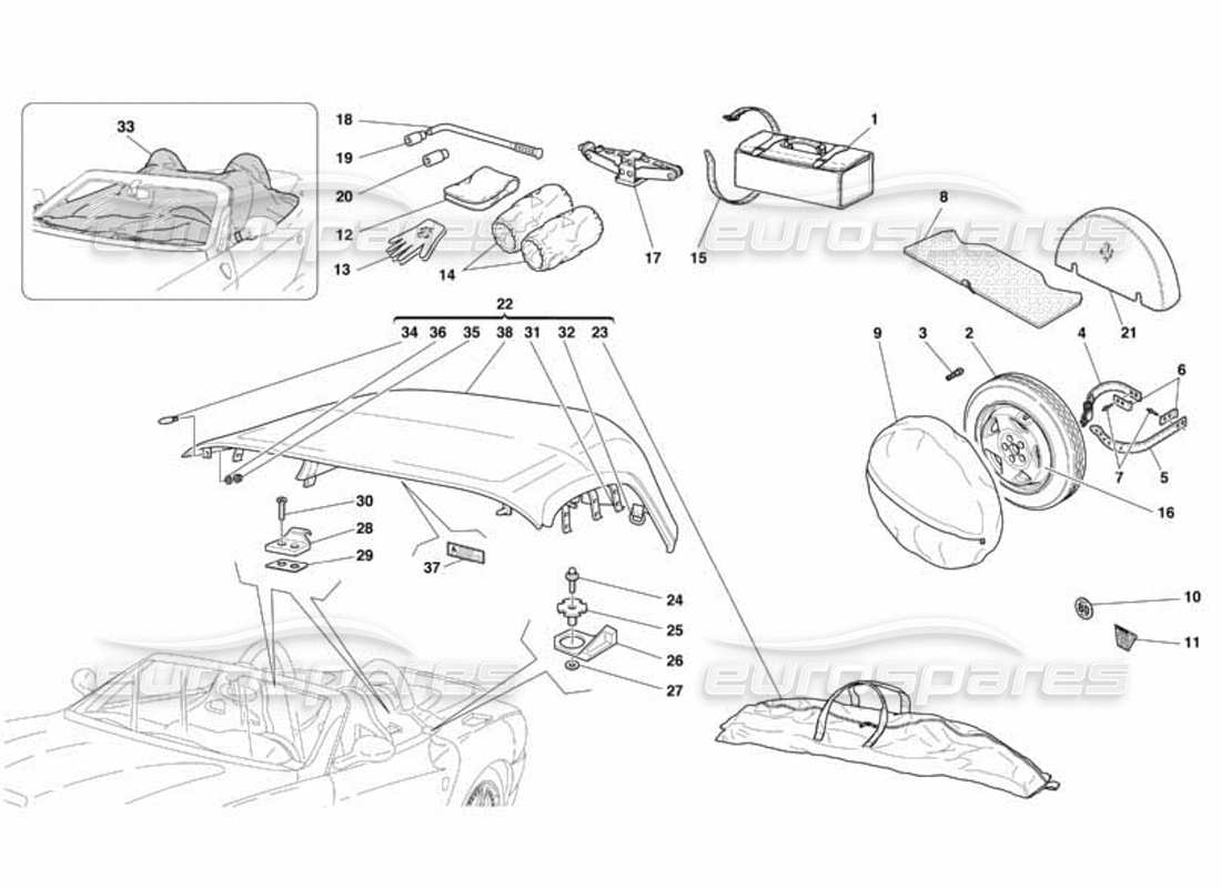 Ferrari 550 Barchetta Capote - Spare Wheel -Tool Kit Bag and Accessories Part Diagram