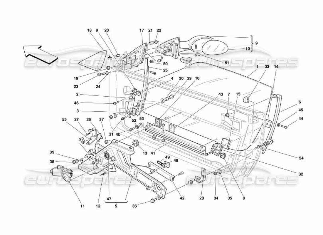 Ferrari 550 Barchetta Doors - Power Window and Rearview Mirror Part Diagram