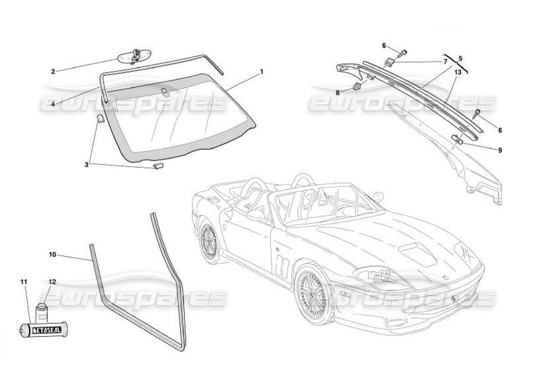 Ferrari 550 Barchetta Glasses and Gaskets Part Diagram