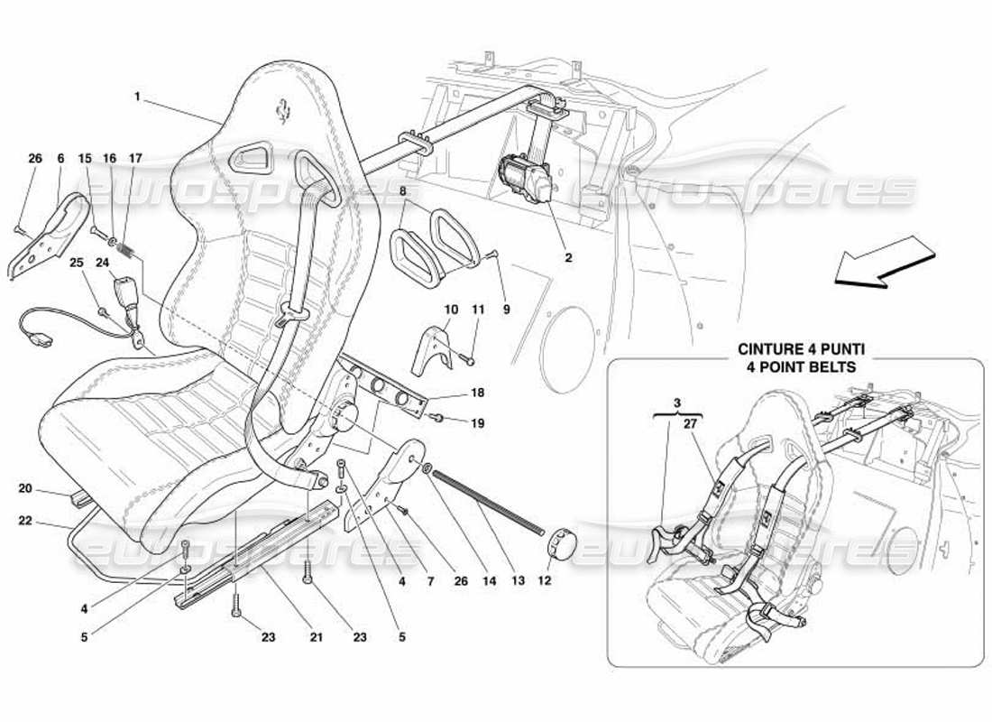 Ferrari 550 Barchetta Seat and Safety Belts Part Diagram