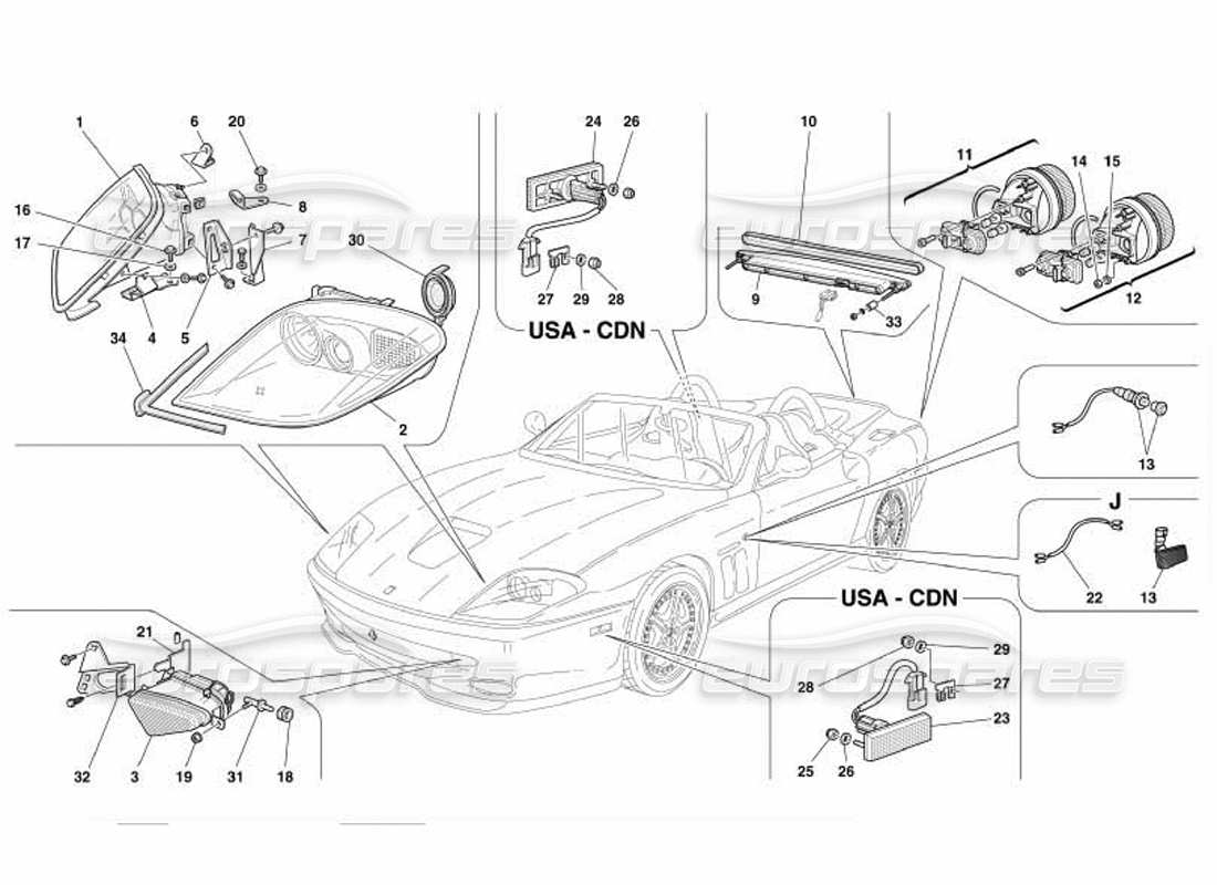 Ferrari 550 Barchetta Front and Rear Lights Part Diagram
