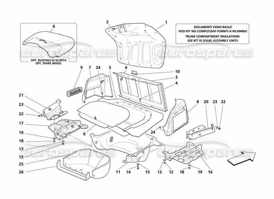 Maserati 4200 Coupe (2005) trunk hood compartment trims - air inlet and heath shields Part Diagram