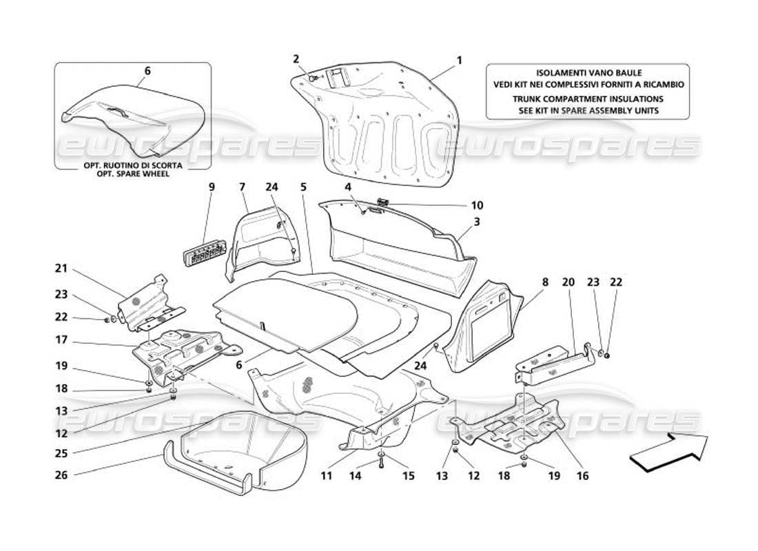 Maserati 4200 Spyder (2005) trunk hood compartment trims - air inlet and heath shields Part Diagram