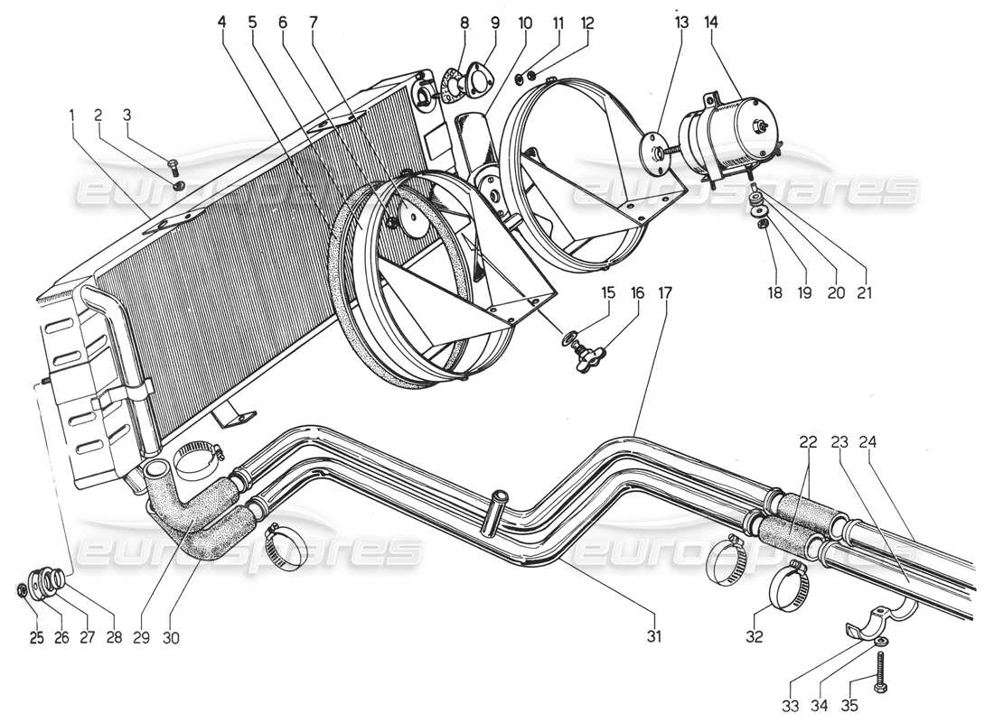 Lamborghini Urraco P300 radiator and coolant system Part Diagram