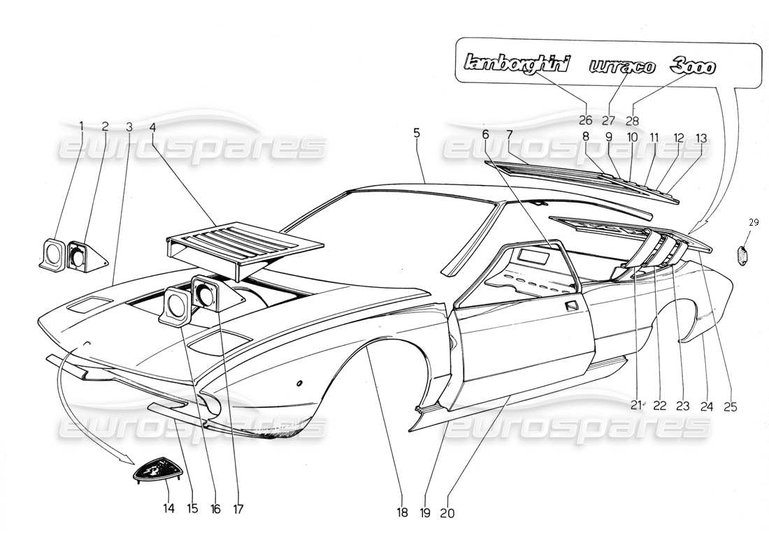 Lamborghini Urraco P300 Outer Coverings Part Diagram