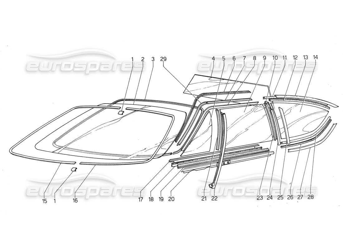 Lamborghini Urraco P300 Windshield & Glasses Part Diagram