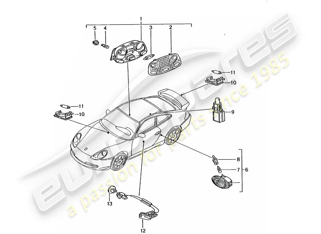 Porsche 996 GT3 (2001) INTERIOR LIGHT - LUGGAGE COMPARTMENT LAMP - ENGINE COMPARTMENT LIGHT - GLOVE BOX LIGHT - DOOR HANDLE ILUMINATION - INTERIOR RELEASE Part Diagram