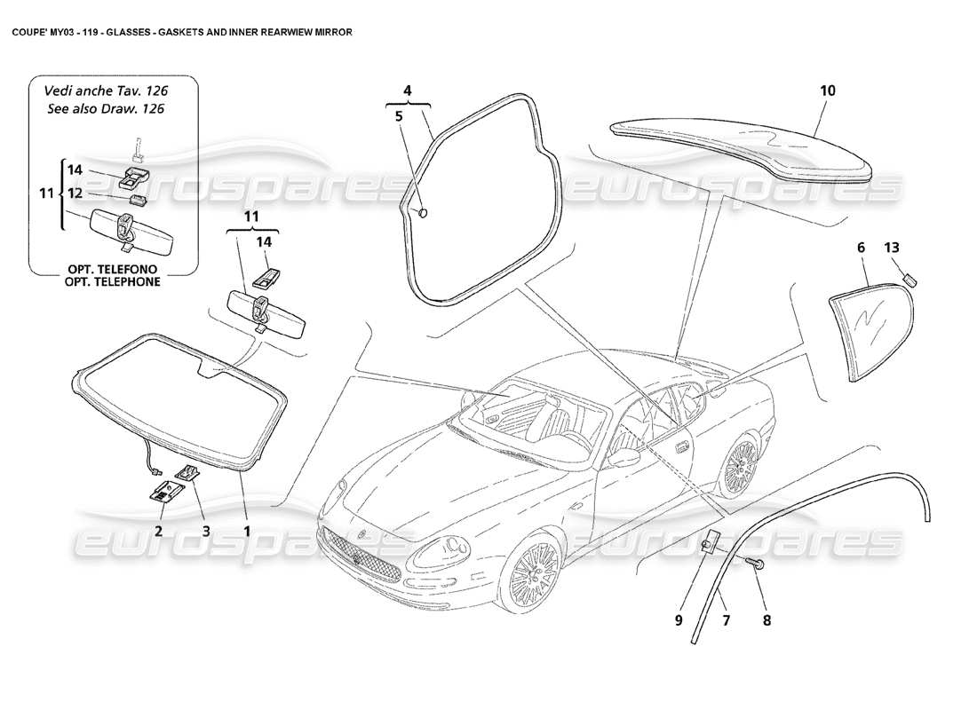 Maserati 4200 Coupe (2003) Glasses - Gaskets and Inner Rearview Mirror Part Diagram
