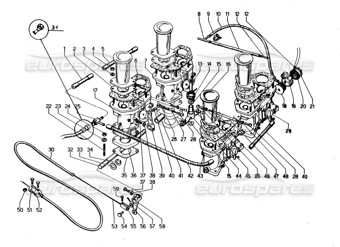 Lamborghini Urraco P250 / P250S fuel system (carburetors) Part Diagram