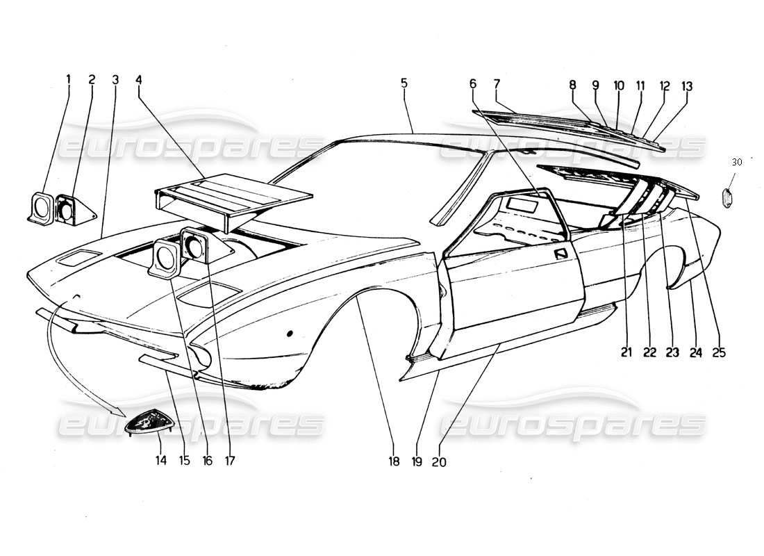 Lamborghini Urraco P250 / P250S Outer covering components Part Diagram