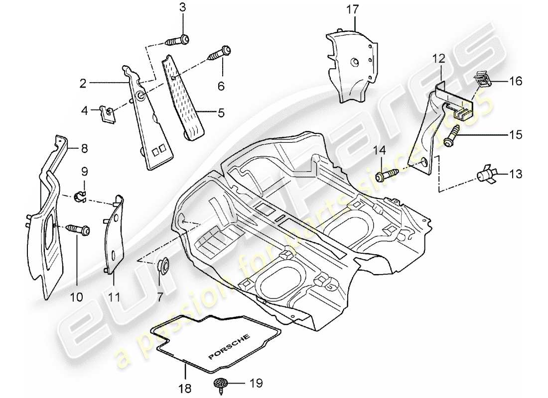 Porsche Boxster 986 (1997) INTERIOR EQUIPMENT - FLOOR COVER - TRIMS Parts Diagram