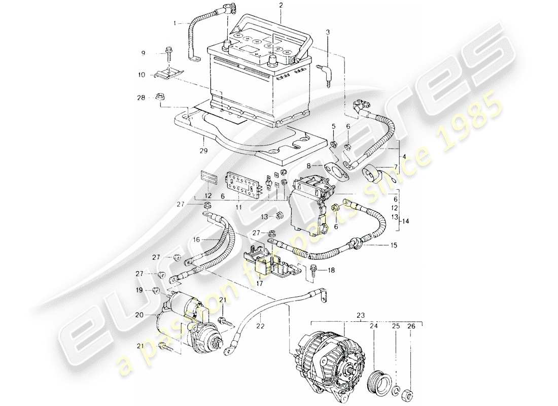 Porsche Boxster 986 (1997) BATTERY - CENTRAL EXTRACTION - STARTER - ALTERNATOR Parts Diagram