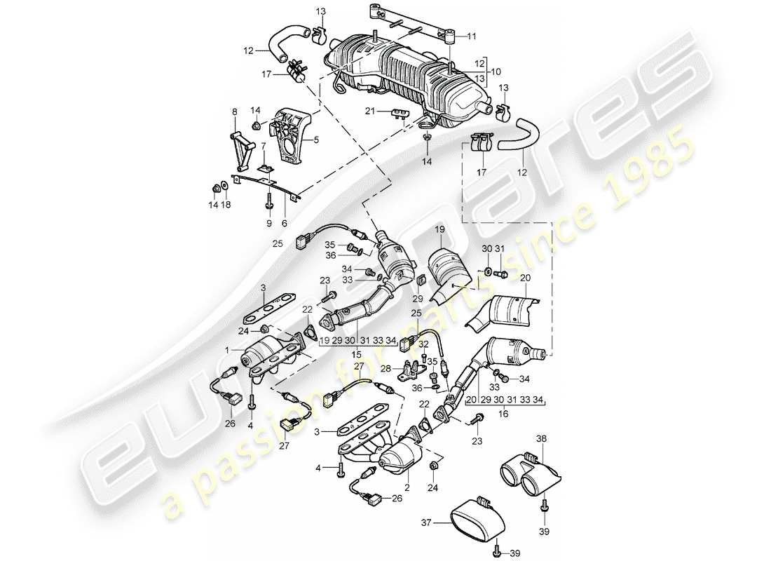 Porsche Boxster 986 (1998) EXHAUST SYSTEM - M 96.21/22 - M 96.23/24 Parts Diagram