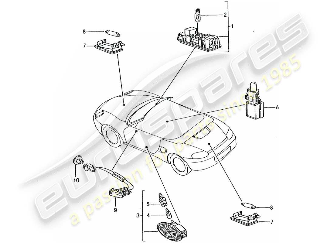 Porsche Boxster 986 (1998) INTERIOR LIGHT - LUGGAGE COMPARTMENT LAMP - ENGINE COMPARTMENT LIGHT - FOOTWELL LIGHT - DOOR HANDLE ILUMINATION - INTERIOR RELEASE Parts Diagram
