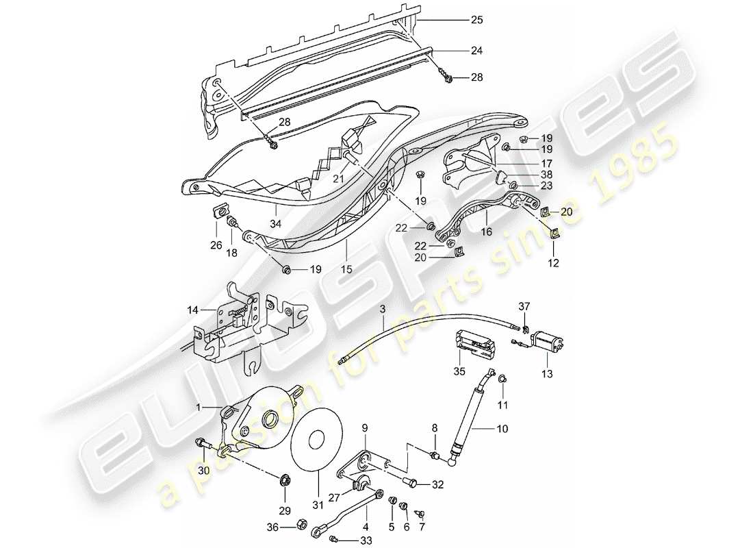 Porsche Boxster 986 (2004) TOP FRAME - DRIVE UNIT - TOP STOWAGE BOX - COVER Part Diagram