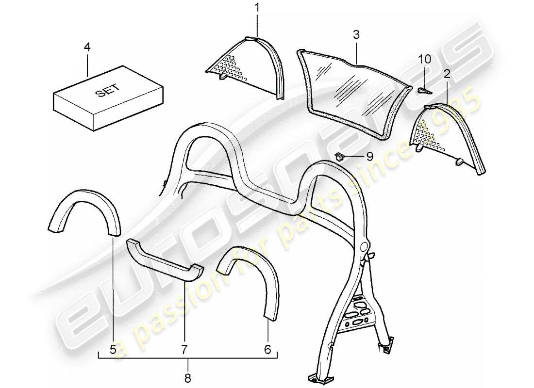 Porsche Boxster 986 (2004) WINDSCREEN - AND - TRIMS - ROLL BAR Part Diagram