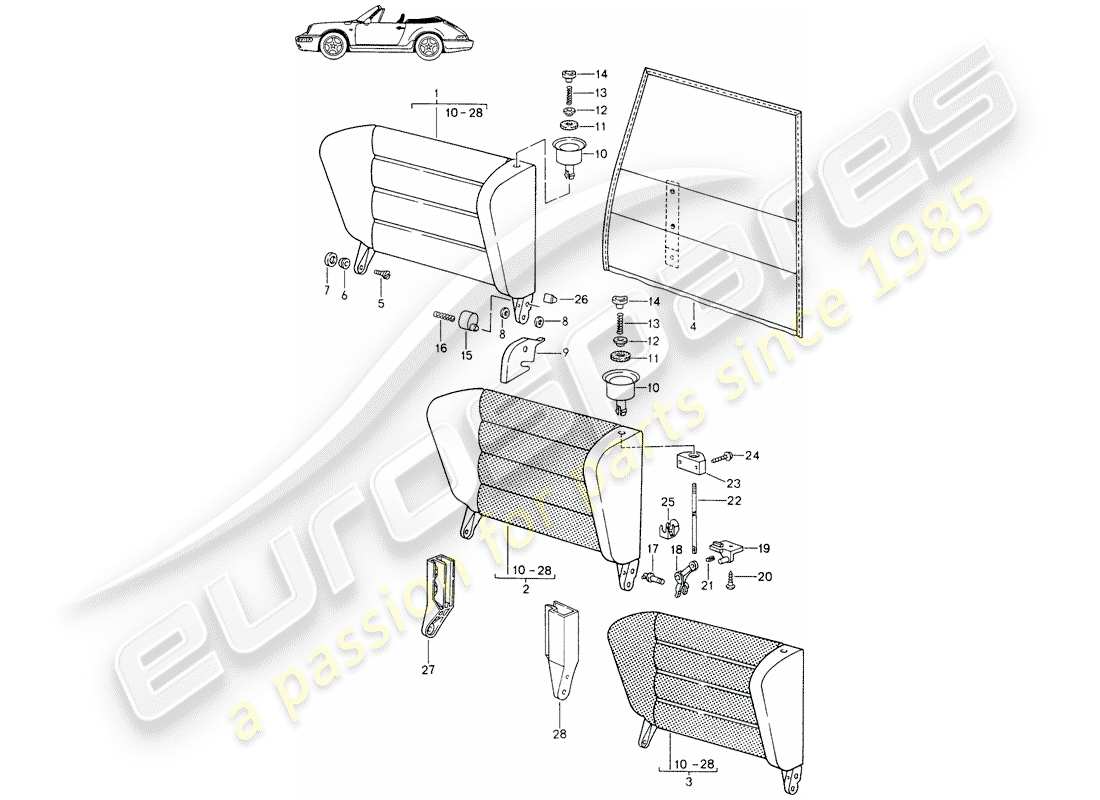 Porsche Seat 944/968/911/928 (1986) EMERGENCY SEAT BACKREST - WITH: - RELEASE BUTTON - D - MJ 1991>> - MJ 1994 Part Diagram