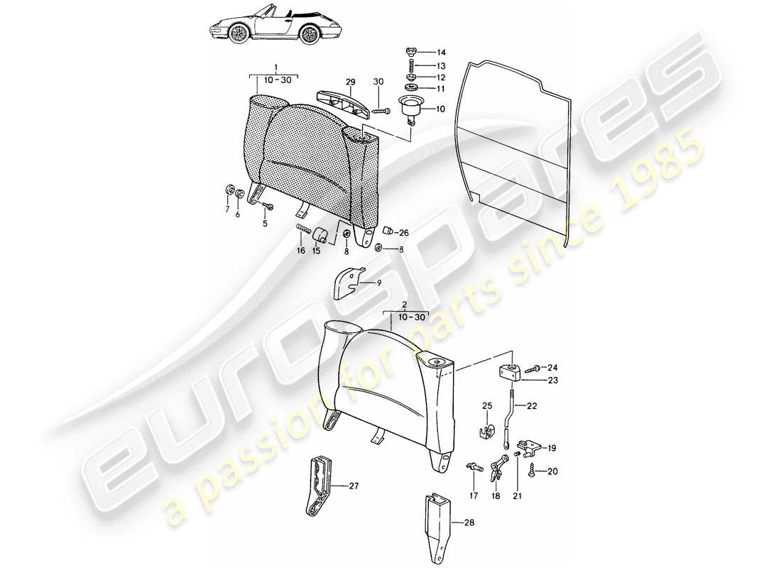 Porsche Seat 944/968/911/928 (1987) EMERGENCY SEAT BACKREST - WITH: - RELEASE BUTTON - D - MJ 1994>> - MJ 1998 Part Diagram