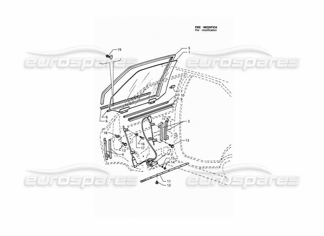 Maserati QTP. 3.2 V8 (1999) Rear Doors: Windows and Regulators (Pre Modification) Part Diagram