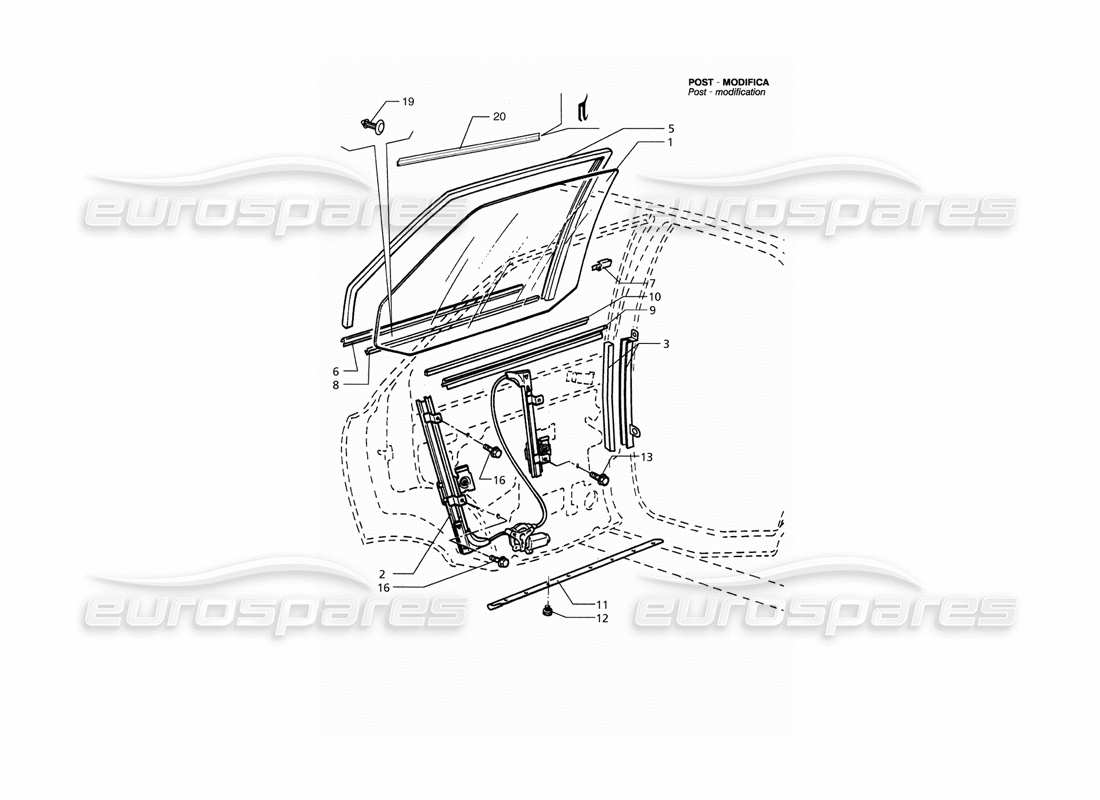 Maserati QTP. 3.2 V8 (1999) Rear Doors: Windows and Regulators (Post Modification) Part Diagram