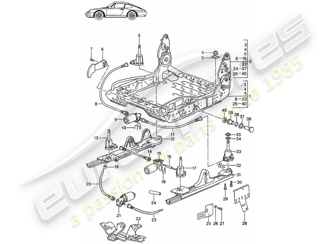 Porsche Seat 944/968/911/928 (1989) FRAME FOR SEAT - FOR - COMFORT SEAT - AND - STANDARD SEAT - WITH: - ELECT. VERTICAL ADJUSTMENT - D - MJ 1994>> - MJ 1998 Part Diagram