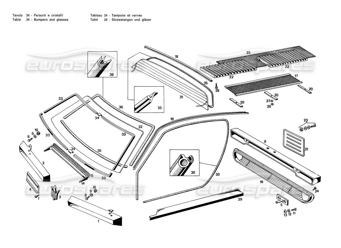 Maserati Merak 3.0 Bumpers and Glasses Part Diagram