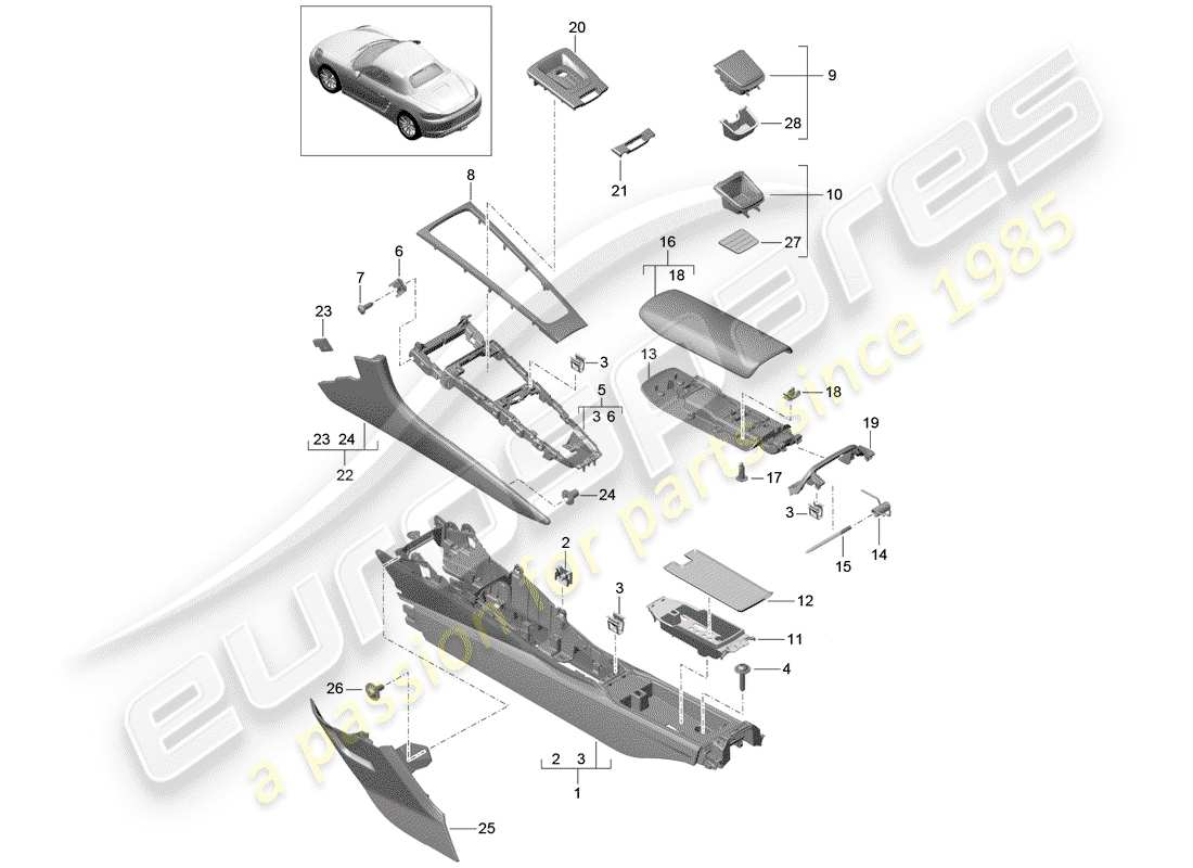 Porsche 718 Boxster (2018) CENTER CONSOLE Part Diagram