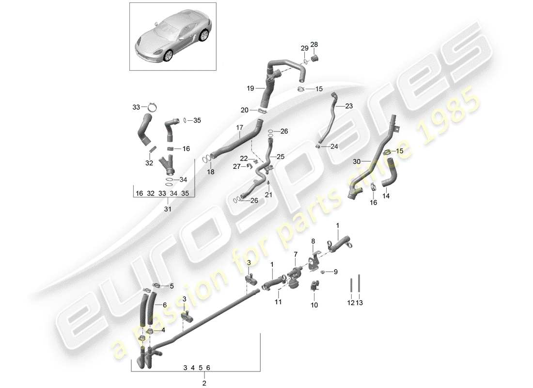 Porsche 718 Cayman (2019) water cooling Part Diagram