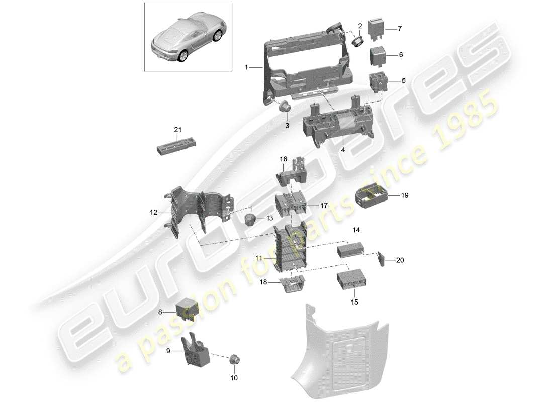 Porsche 718 Cayman (2019) fuse box/relay plate Part Diagram