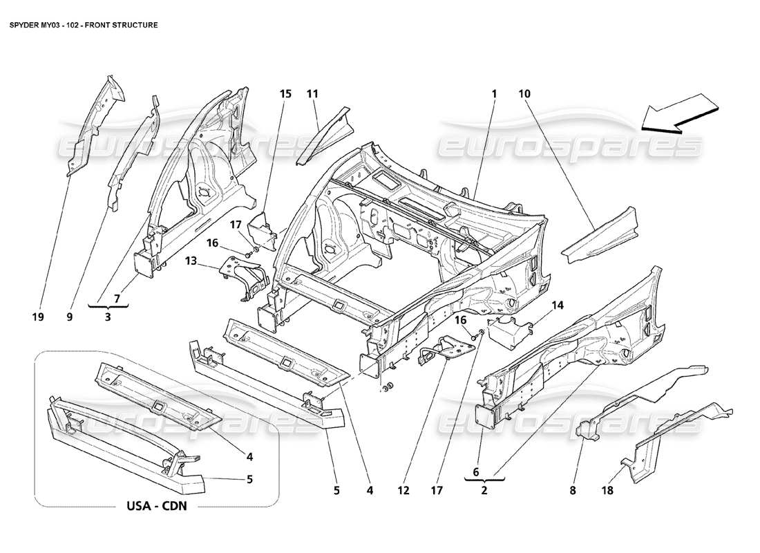 Maserati 4200 Spyder (2003) front structure Parts Diagram