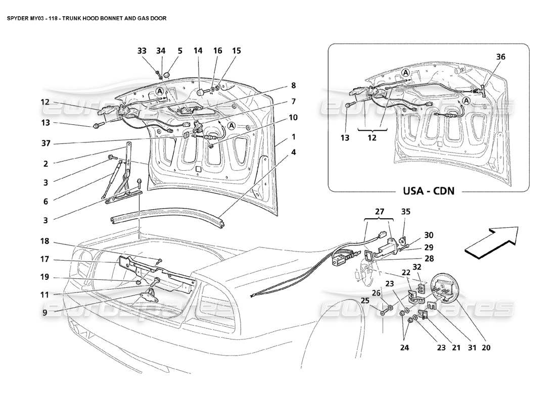 Maserati 4200 Spyder (2003) Trunk Hood Bonnet and Gas Door Parts Diagram