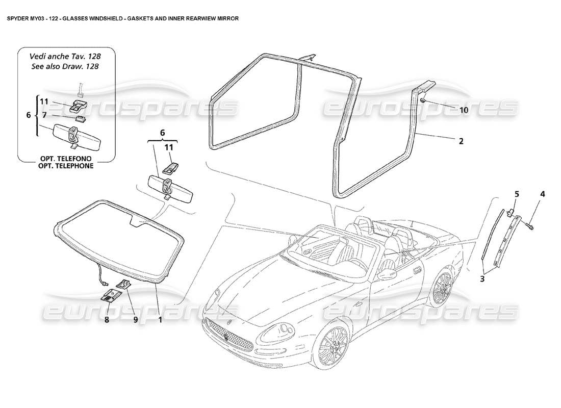 Maserati 4200 Spyder (2003) Glass Windshield - Gaskets and Inner Rear View Mirror Parts Diagram