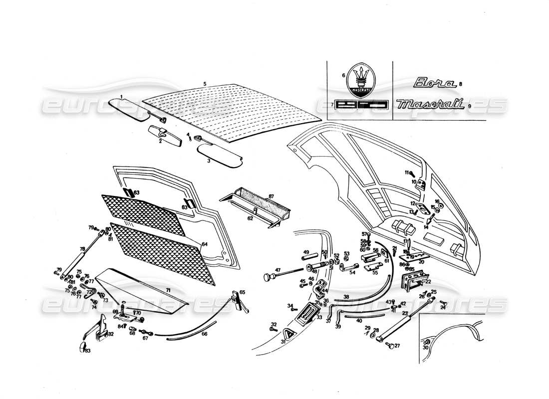 Maserati Bora Engine and Trunk Compartment Part Diagram