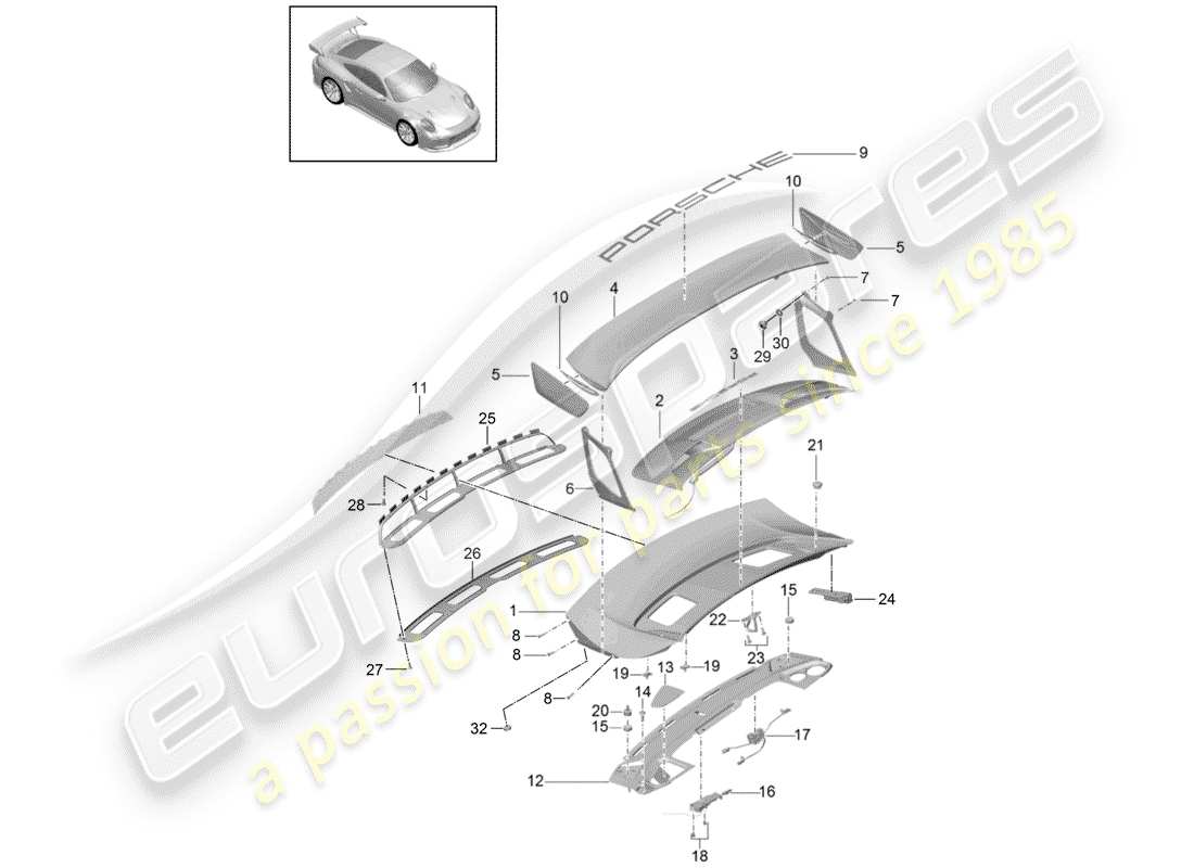 Porsche 991 Turbo (2015) REAR TRUNK LID Part Diagram