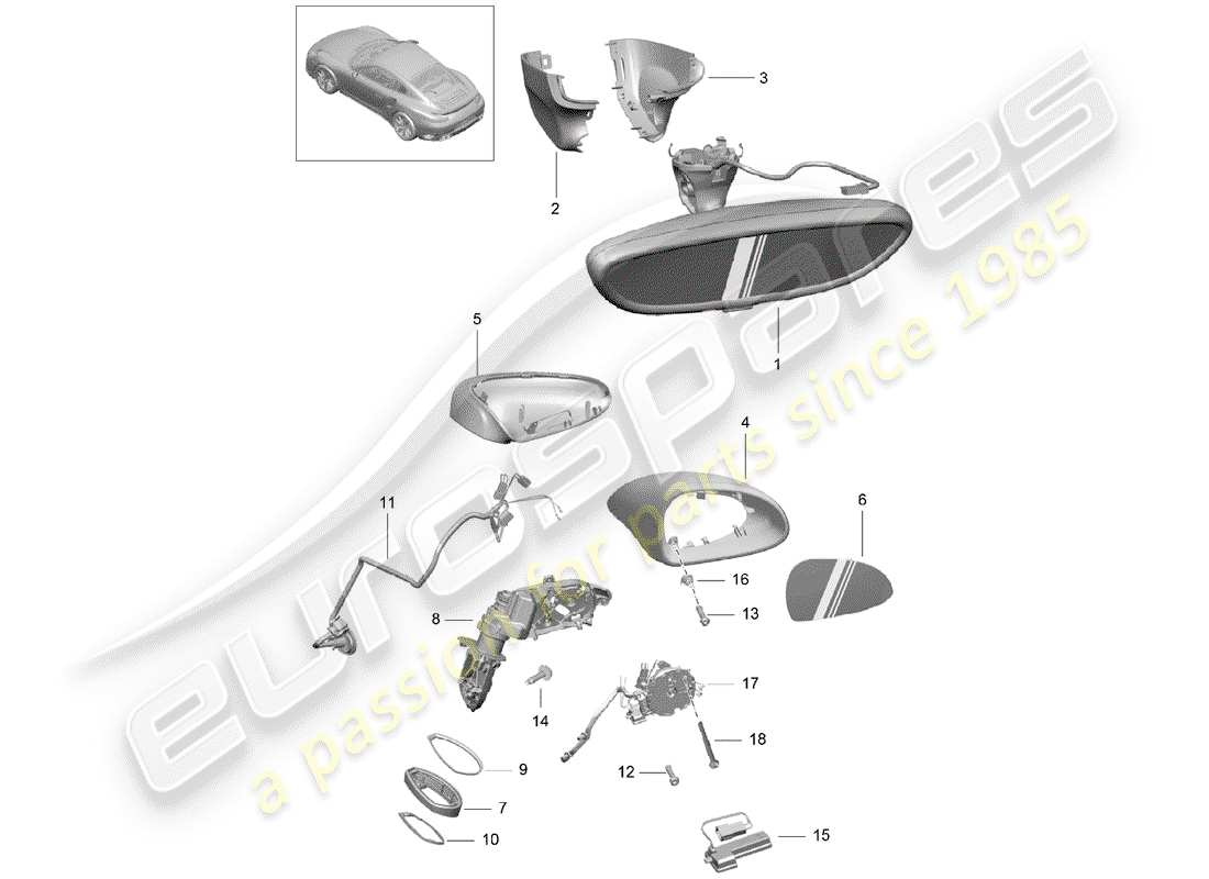 Porsche 991 Turbo (2020) rear view mirror inner Part Diagram