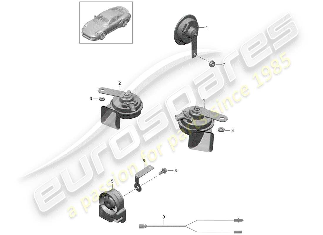 Porsche 991 Turbo (2020) fanfare horn Part Diagram