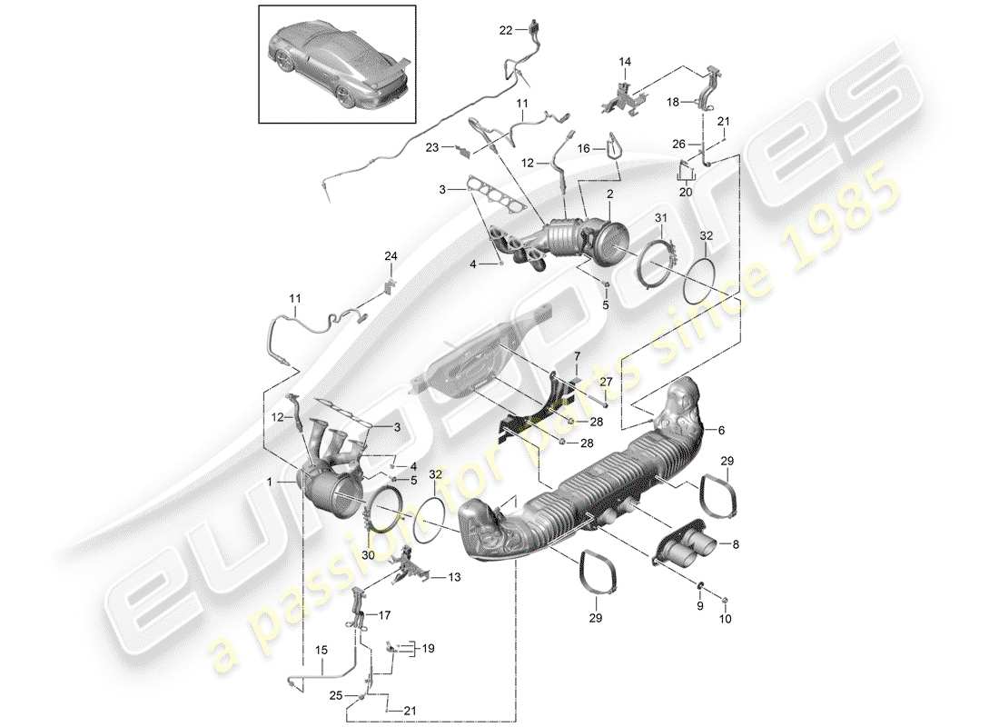 Porsche 991R/GT3/RS (2014) Exhaust System Part Diagram