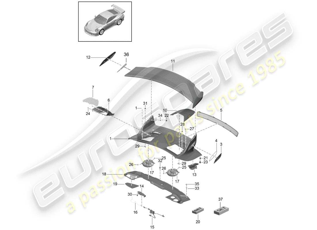 Porsche 991R/GT3/RS (2014) REAR TRUNK LID Part Diagram