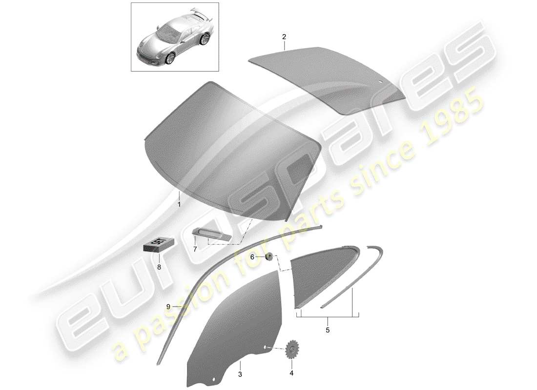 Porsche 991R/GT3/RS (2014) WINDOW GLASSES Part Diagram