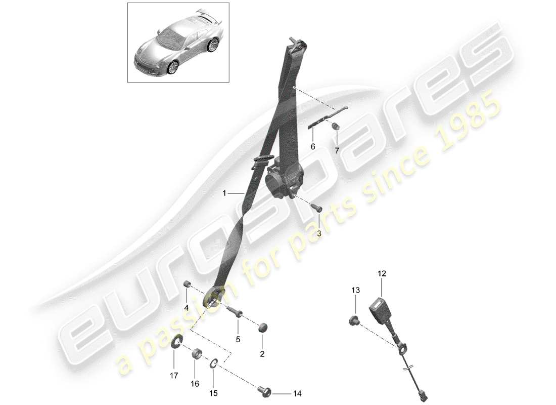 Porsche 991R/GT3/RS (2015) three-point seat belt Part Diagram