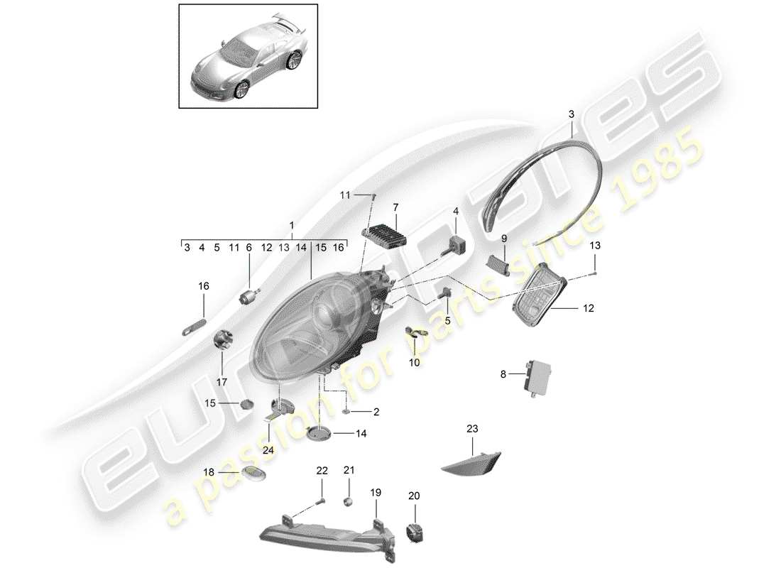 Porsche 991R/GT3/RS (2015) headlamp Part Diagram