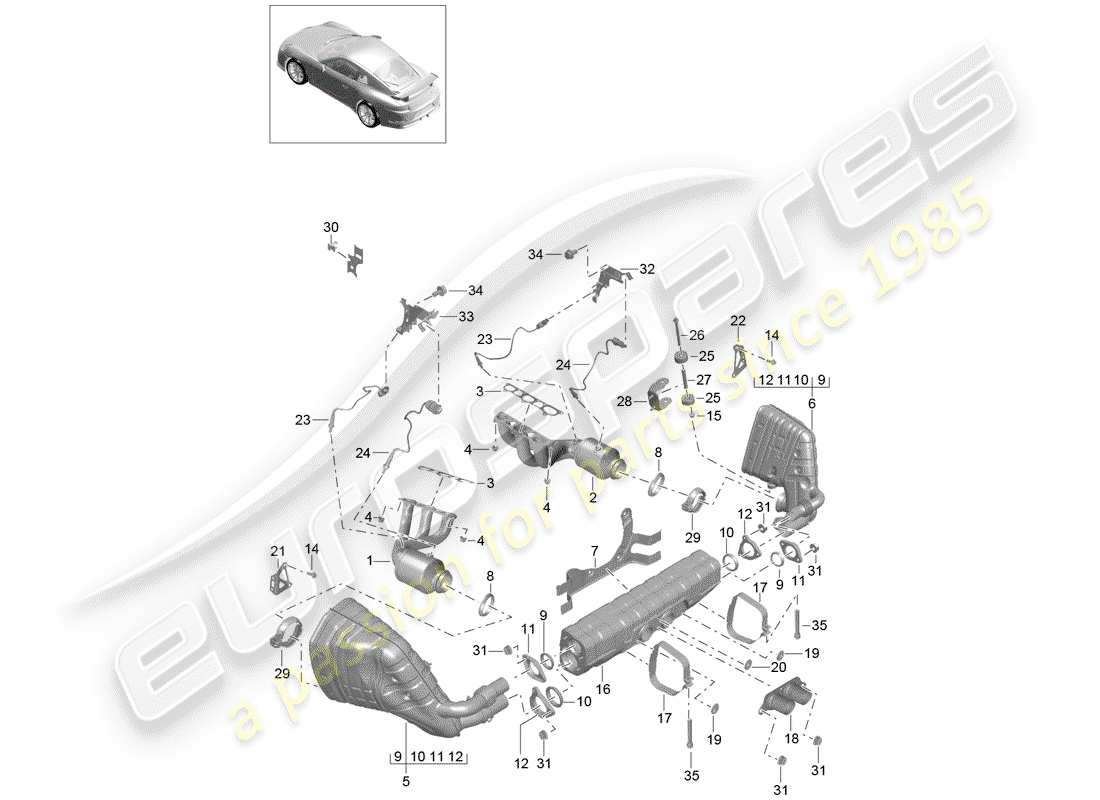 Porsche 991R/GT3/RS (2016) Exhaust System Part Diagram