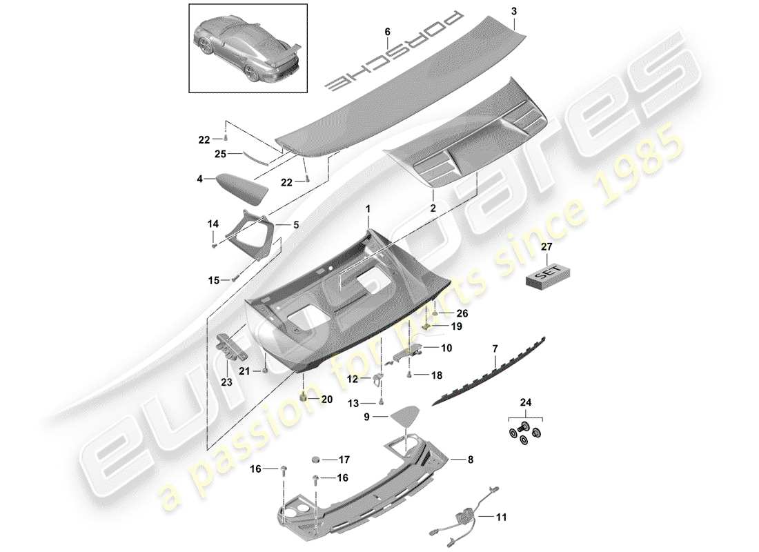 Porsche 991R/GT3/RS (2016) REAR TRUNK LID Part Diagram