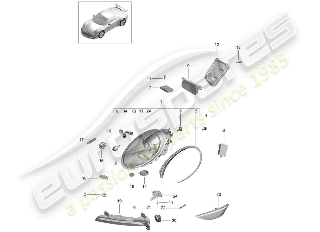 Porsche 991R/GT3/RS (2016) headlamp Parts Diagram