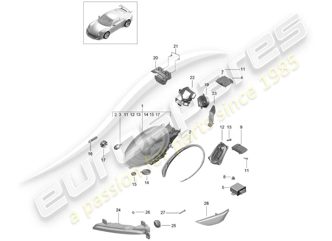 Porsche 991R/GT3/RS (2016) headlamp Parts Diagram