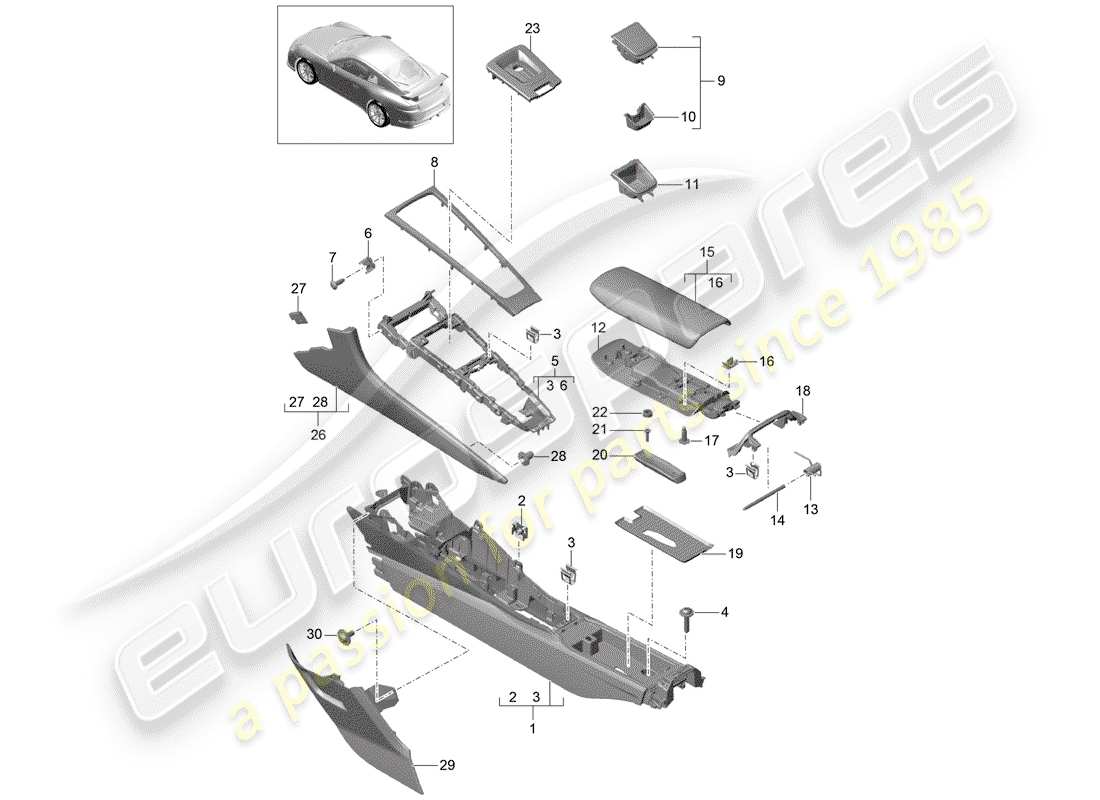 Porsche 991R/GT3/RS (2020) CENTER CONSOLE Part Diagram