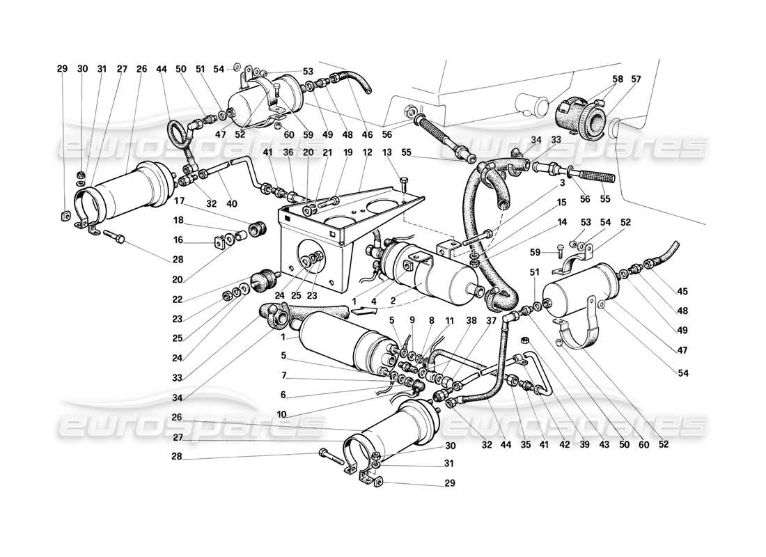 Ferrari Testarossa (1987) fuel pumps and pipes Parts Diagram
